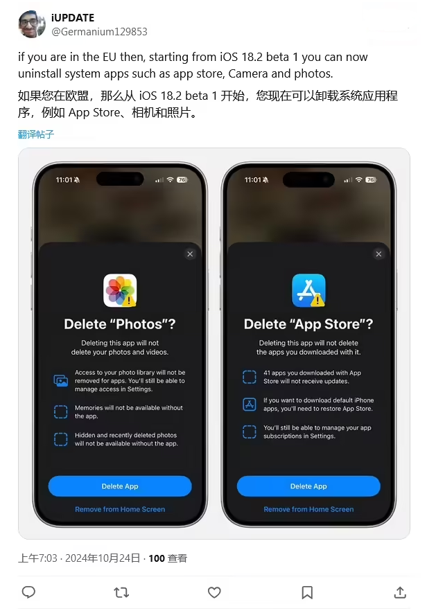 南林乡苹果手机维修分享iOS 18.2 支持删除 App Store 应用商店 