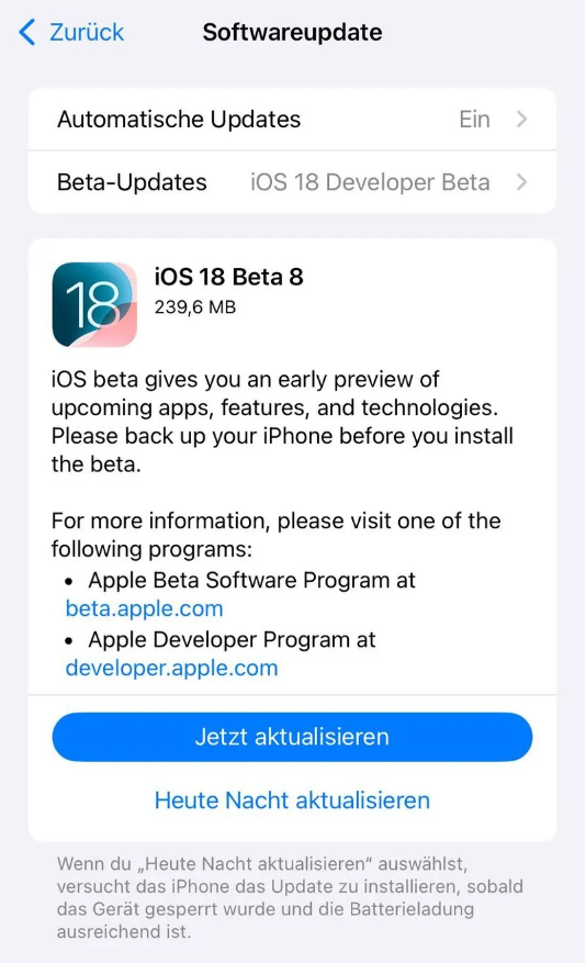 南林乡苹果手机维修分享苹果 iOS / iPadOS 18 开发者预览版 Beta 8 发布 